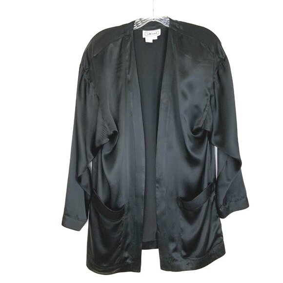 Silk Land Jackets & Blazers - Black Satin Silk Open-Front Jacket Kimono-Style Robe Sz M